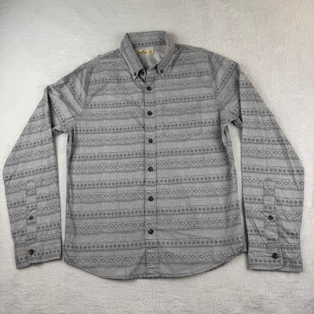 Hollister Button Down Shirt Mens Medium Grey Tribal Geometric Print Long Sleeve